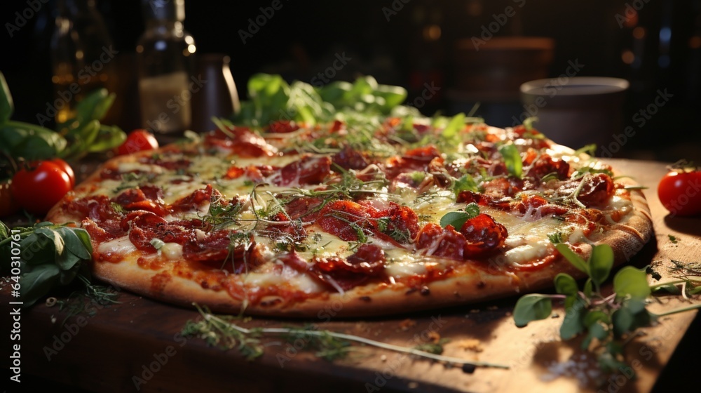 Freshly baked rustic pizza with mozzarella and salami