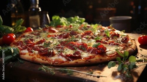 Freshly baked rustic pizza with mozzarella and salami