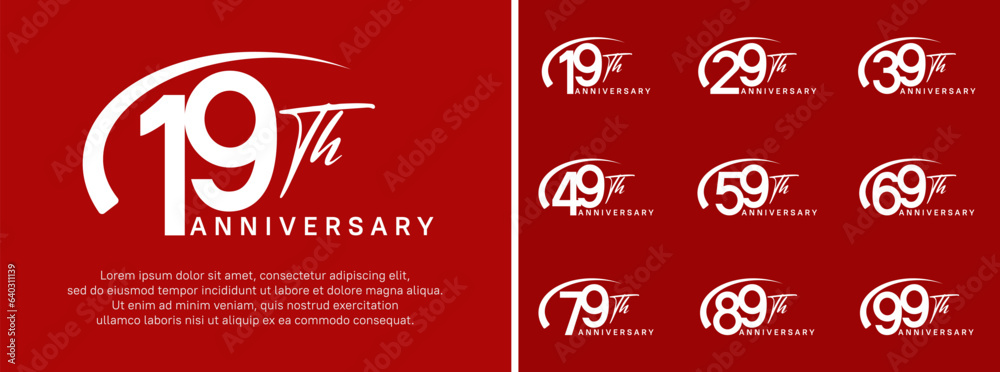set of anniversary logo white color number and swoosh on red background for celebration set of anniversary logo white color number and swoosh on red background for celebration