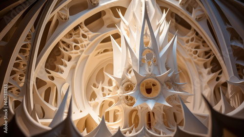Organic paper sculpture with art deco and dark gothic influences, rendered in ethereal 3D fractal art