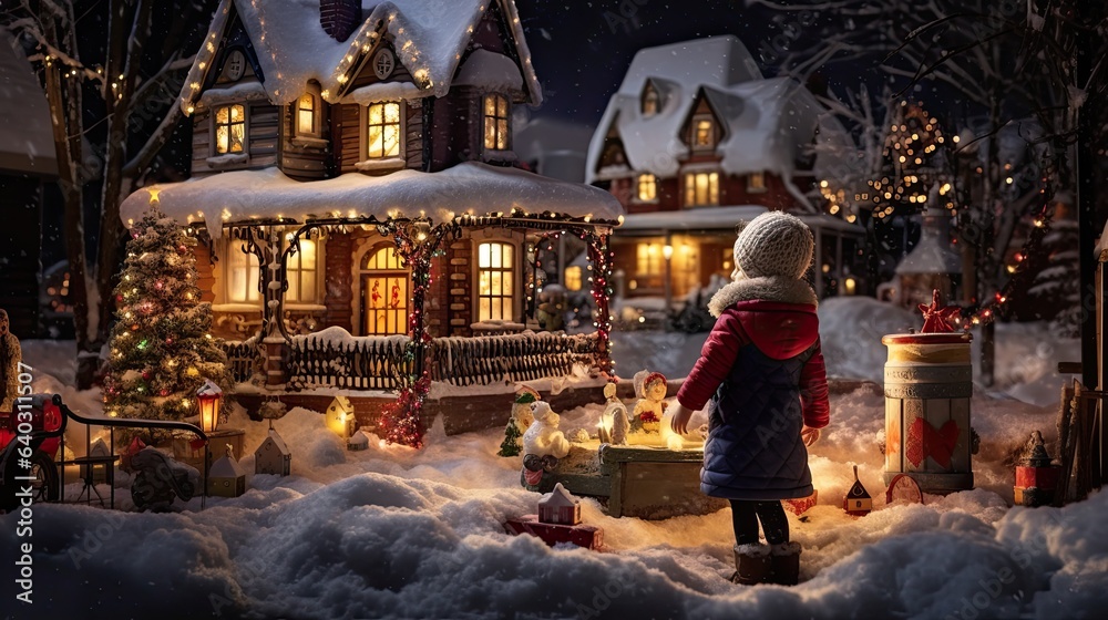 A delightful scene capturing the model, in a snowy setting, joyfully building a snowman, with a backdrop of twinkling house lights and children sledding in the distance.