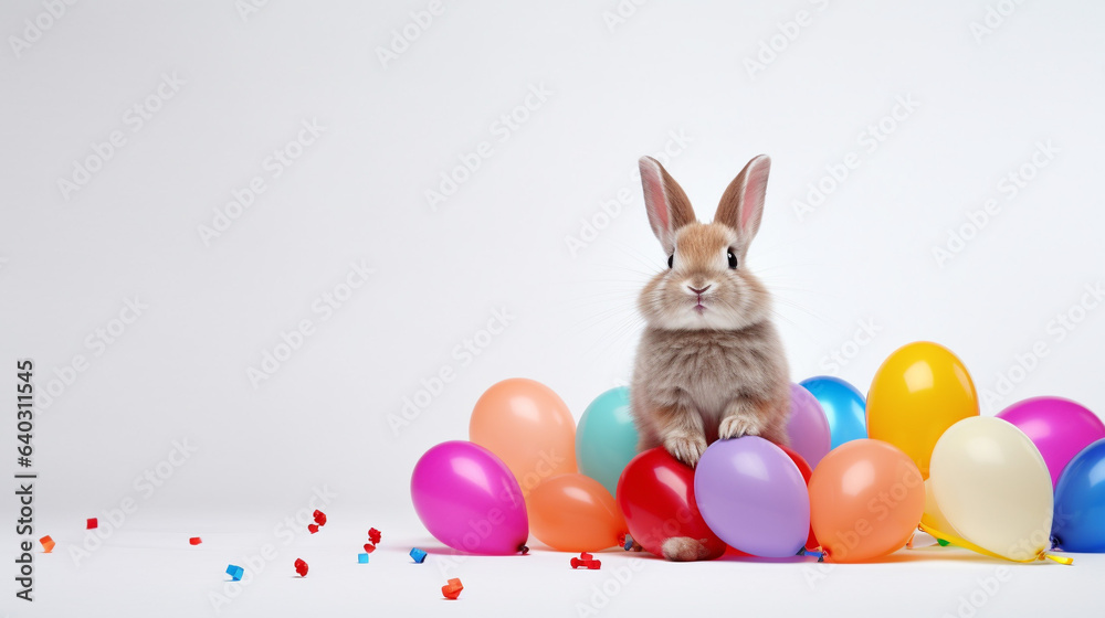 cute bunny with birthday hat and with birthday balloons on white background, copy space, generative AI