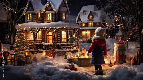 A delightful scene capturing the model, in a snowy setting, joyfully building a snowman, with a backdrop of twinkling house lights and children sledding in the distance. © Filip