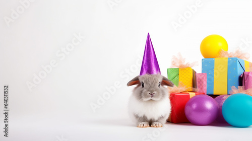 Cute bunny with birthday hat and with birthday balloons, gift boxes on white background, copy space, generative AI
