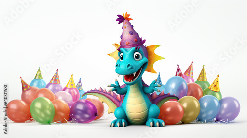 Cute dragon with birthday hat and with birthday balloons on white background, copy space, generative AI