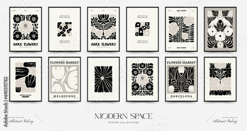 Abstract dark floral posters template. Modern trendy Matisse minimal style. Black and white colors. Hand drawn design for wallpaper, wall decor, print, postcard, cover, template, banner.