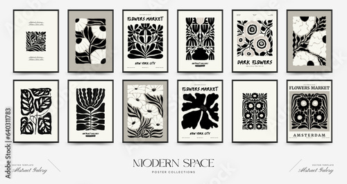 Abstract dark floral posters template. Modern trendy Matisse minimal style. Black and white colors. Hand drawn design for wallpaper, wall decor, print, postcard, cover, template, banner.