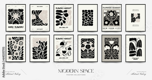 Abstract dark floral posters template. Modern trendy Matisse minimal style. Black and white colors. Hand drawn design for wallpaper, wall decor, print, postcard, cover, template, banner.