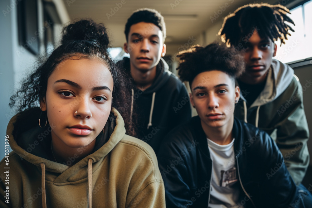 Group of four teenagers, one girl and three boys, in a serious attitude in high school - obrazy, fototapety, plakaty 