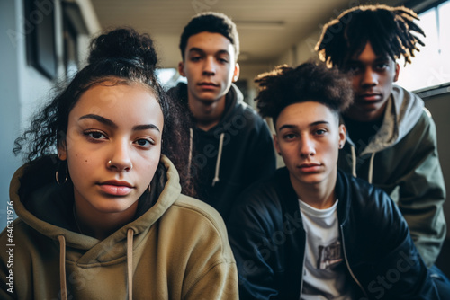 Group of four teenagers, one girl and three boys, in a serious attitude in high school