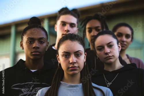 Group of six teenagers, three girls and three boys, in a serious attitude in high school