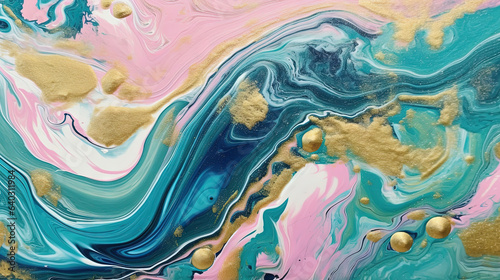 Abstract artistic background with green and pink marble and golden paint stains.