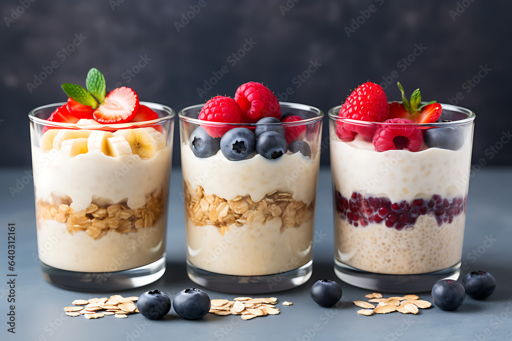Three glasses of delicious yogurt with musli oatmeal, berries, banana blueberry, and pomegranate. In a style of dessert with cream and details of mint. Gourmet photography. Three glasses of delicious yogurt with musli oatmeal, berries, banana blueberry, and pomegranate. In a style of dessert with cream and details of mint. Gourmet photography.