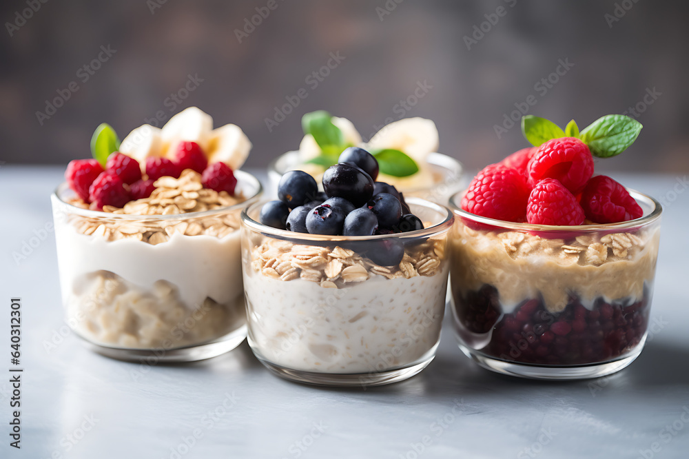 Three glasses of delicious yogurt with musli oatmeal, berries, blueberry, and pomegranate. Details of mint. Gourmet photography.