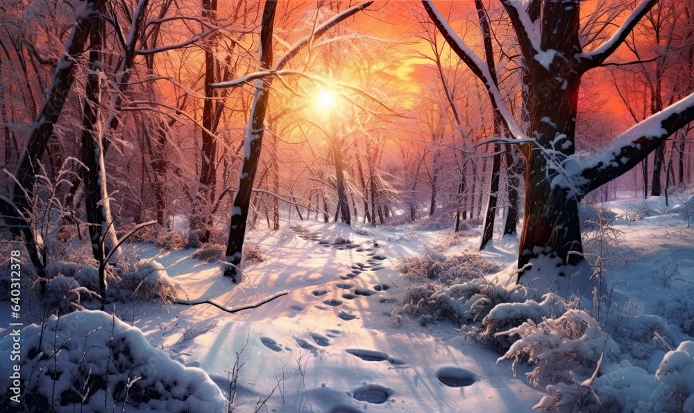 Beautiful winter landscape with winter trees and sun. Colorful branches in the forest in the snow. natural background made with Generative AI Beautiful winter landscape with winter trees and sun. Colorful branches in the forest in the snow. natural background made with Generative AI