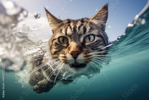 Funny cat swimming in sea blue water close-up. © Владимир Солдатов
