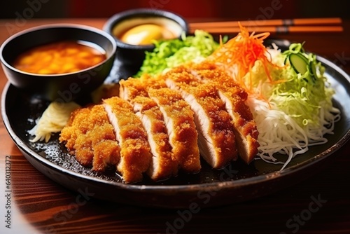Japanese tonkatsu dish cut into even slices with chopped cabbage, lemon slice and rice on dark background