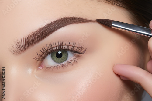 Close-up portrait of a girl with well-groomed skin. Girl emphasizes eyebrows with eyebrow pencil.