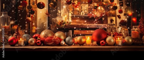 christmas tree in front of a fireplace, in the style of bokeh panorama, red, light red made with Generative AI