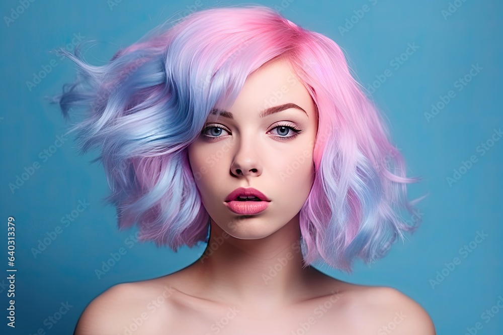 Portrait of beautiful model with pink blue hair for an advertisement for cosmetics brand. Trend for individuality and freedom to do what you want with your appearance, made with Generative AI Portrait of beautiful model with pink blue hair for an advertisement for cosmetics brand. Trend for individuality and freedom to do what you want with your appearance, made with Generative AI