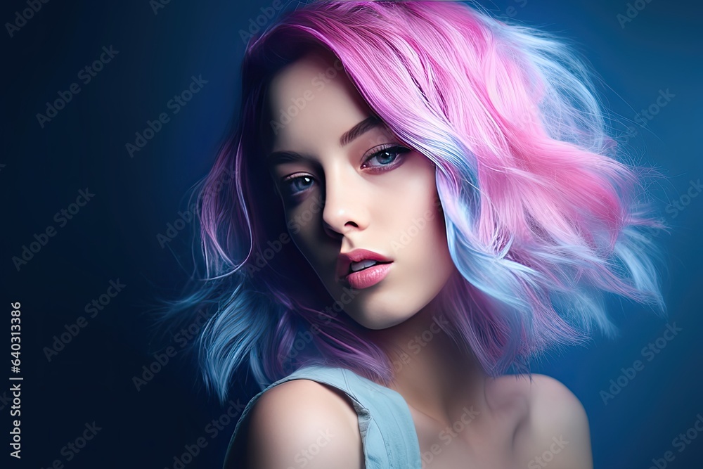 Portrait of beautiful model with pink blue hair for an advertisement for cosmetics brand. Trend for individuality and freedom to do what you want with your appearance, made with Generative AI