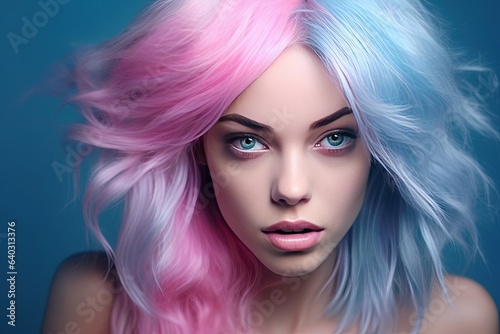 Portrait of beautiful model with pink blue hair for an advertisement for cosmetics brand. Trend for individuality and freedom to do what you want with your appearance, made with Generative AI