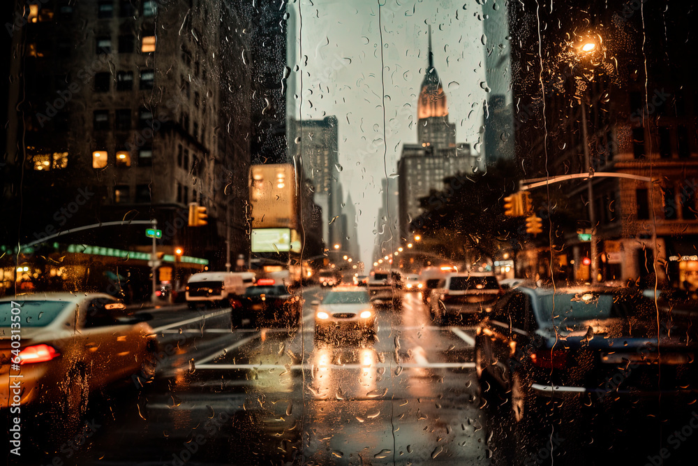 Rainy day in New York, view from car window. Generative AI
