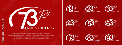 set of anniversary logo white color number and swoosh on red background for celebration