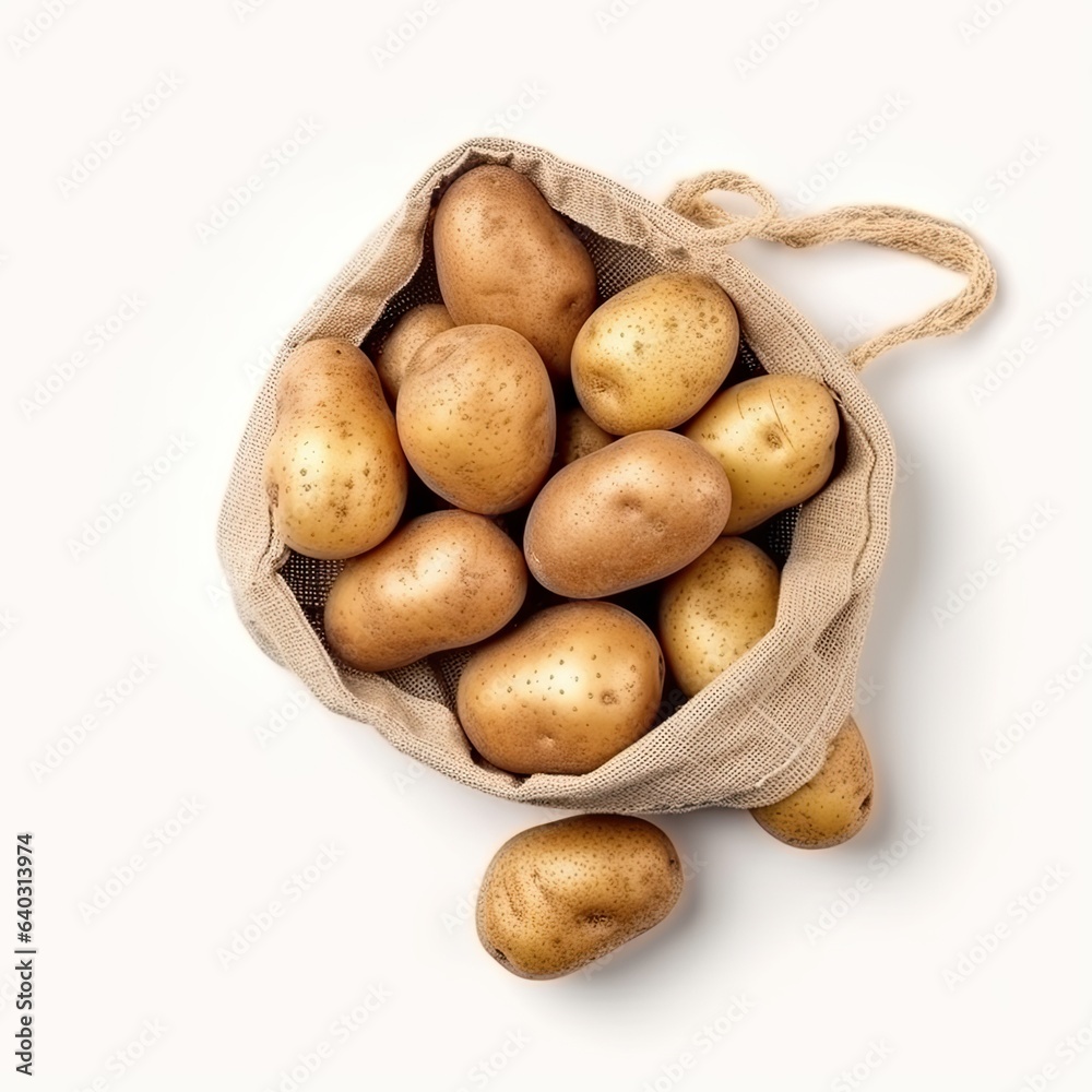 raw fresh potatoes in burlap bag isolated top view made with Generative AI raw fresh potatoes in burlap bag isolated top view made with Generative AI