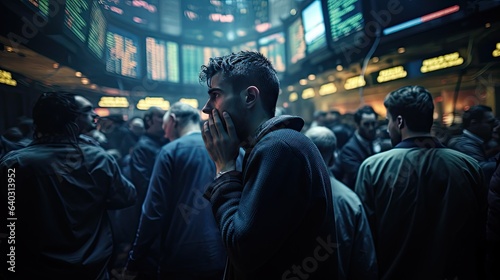 The model, standing in the midst of a busy stock exchange, appears overwhelmed and isolated, amidst the chaotic rush and noise of traders and fluctuating screens