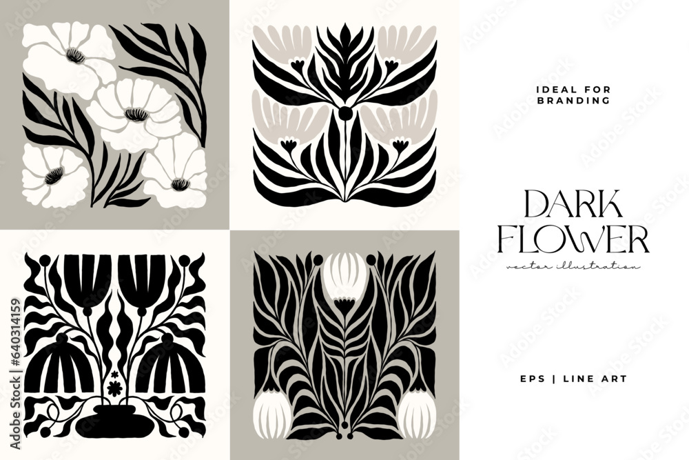 Fototapeta premium Dark Floral abstract elements. Botanical composition. Modern trendy Matisse minimal style. Floral poster, invite. Vector arrangements for greeting card or invitation design