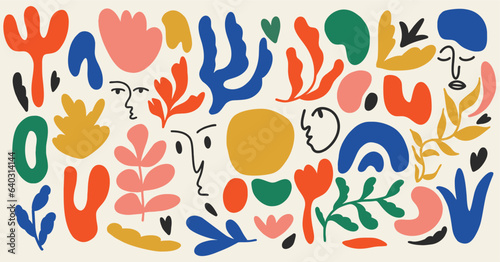Set of trendy doodle and abstract nature icons on isolated white background. Big summer collection, unusual organic shapes in freehand matisse art style. Includes people, floral art and texture bundle