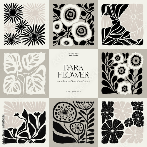 Dark Floral abstract elements. Botanical composition. Modern trendy Matisse minimal style. Floral poster, invite. Vector arrangements for greeting card or invitation design