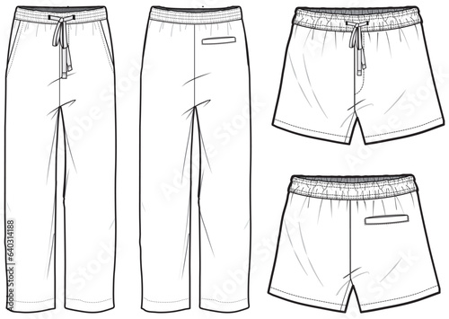 Men's Pajama bottom and boxer shorts front and back view flat sketch fashion illustration drawing, Sleepwear trouser pants and shorts set vector template mockup photo