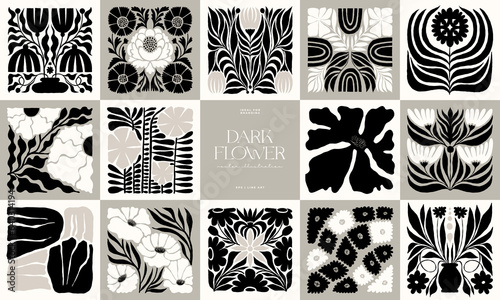 Dark Floral abstract elements. Botanical composition. Modern trendy Matisse minimal style. Floral poster, invite. Vector arrangements for greeting card or invitation design