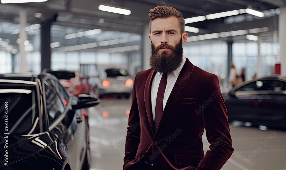 Visiting car dealership. Handsome bearded man is strok made with Generative AI