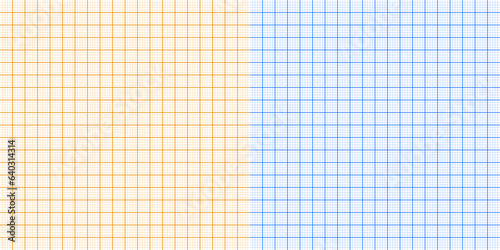 Sheet of orange and blue graph paper with grid. Millimeter paper texture, geometric pattern. Lined blank for drawing, studying, technical engineering or scale measurement. Vector illustration