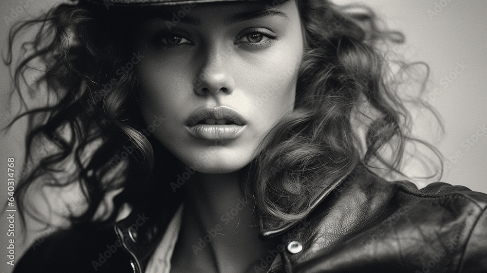 B&W portrait of fashion model in haute couture leather jacket and outfit. In the style of an on location magazine shoot. B&W portrait of fashion model in haute couture leather jacket and outfit. In the style of an on location magazine shoot.