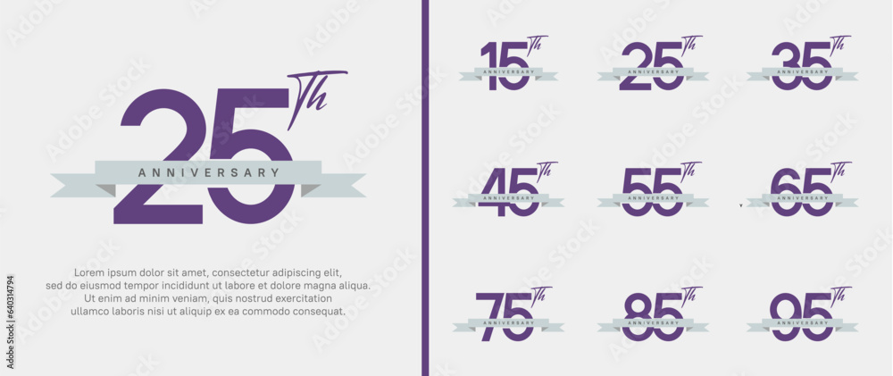 set of anniversary logo purple color number and gray ribbon on white background for celebration