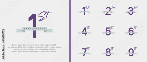 set of anniversary logo purple color number and gray ribbon on white background for celebration