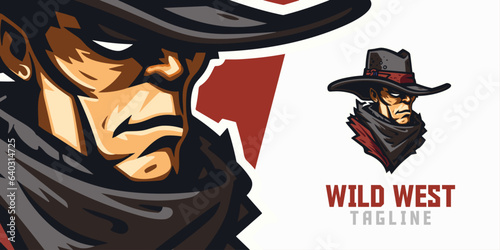Create an Illustrated Wild West Cowboy Logo, Mascot, and Illustration with Vector Graphics for Sport and E-Sport Gaming Teams, featuring a Western Bandit Mascot Head.
