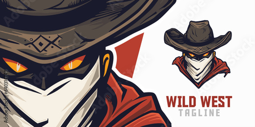 Illustrated Wild West Cowboy Logo, Mascot, Illustration, and Vector Graphics for Sport and E-Sport Gaming Teams, showcasing a Western Bandit Mascot Head.
