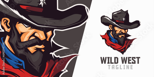 Illustrated Wild West Cowboy Logo, Mascot, and Illustration designed as Vector Graphics for Sport and E-Sport Gaming Teams, featuring a Western Bandit Mascot Head.

