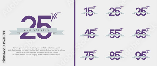 set of anniversary logo purple color number and gray ribbon on white background for celebration
