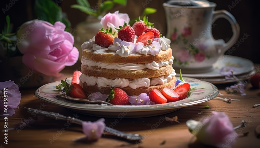 Photo of a delicious strawberry cake with fluffy whipped cream on a beautiful plate Photo of a delicious strawberry cake with fluffy whipped cream on a beautiful plate