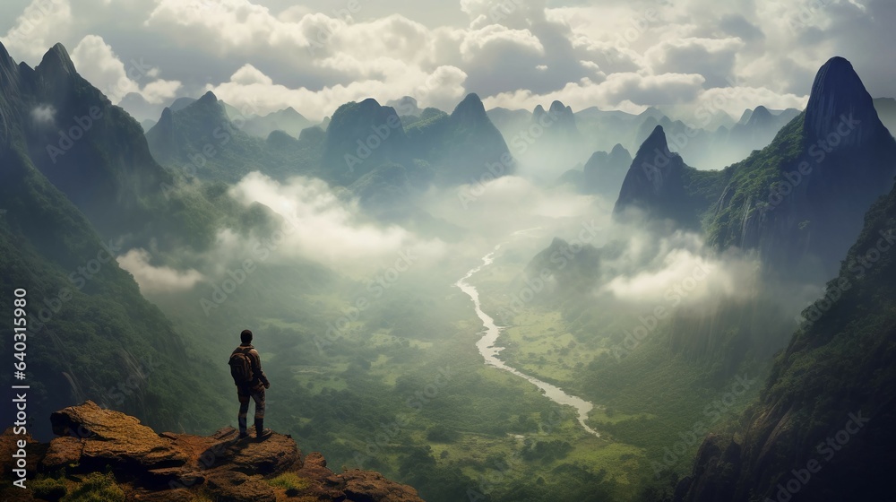A mountain climber looking out over a vast valley