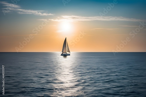 Upon the open sea, a solitary sailboat cruises, enveloped by the panoramic embrace of the boundless horizon and the pristine heavens