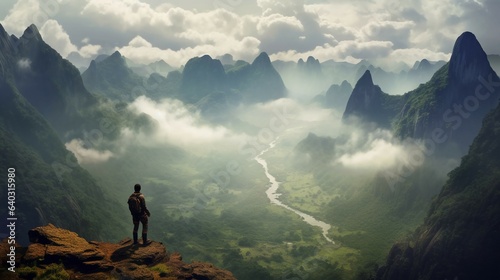 A mountain climber looking out over a vast valley
