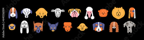 Funny dog animal head cartoon set in modern flat illustration style. Cute puppy pet collection, diverse breeds - domestic dogs bundle. photo