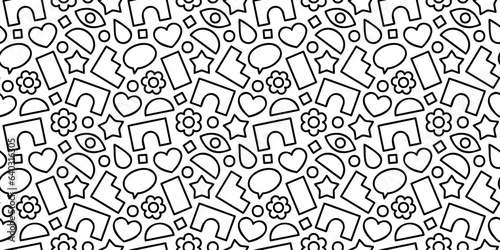 Fun black and white doodle seamless pattern. Creative minimalist style art background for children or trendy design with geometric shapes. Simple childish backdrop.